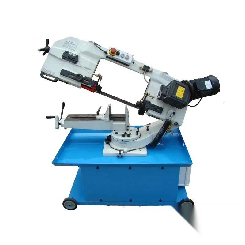 BS-912GR horizontal metal cutting band saw with saw bow band wheel housings material clamping vice and motor drive on a stand
