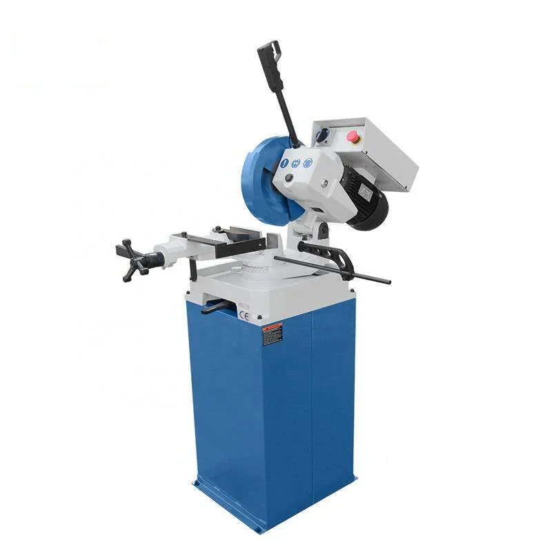 CS-275 electric circular sawing machine with blade hood swivelling head double material clamp coolant tray and control handle on a base cabinet