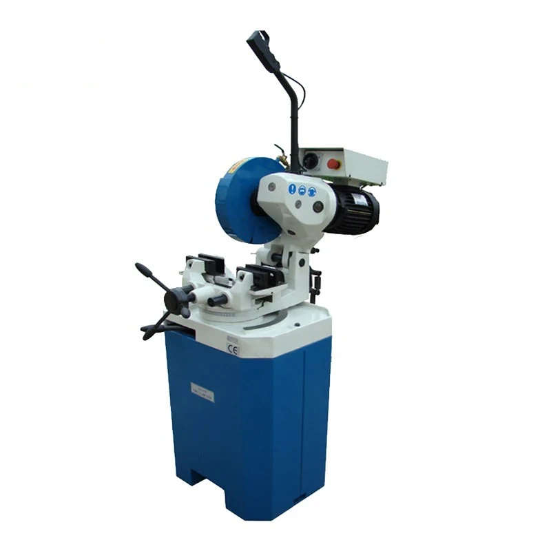 CS-315 cold cutting saw with circular blade guard swivelling head material clamp vice and coolant tray on a steel stand
