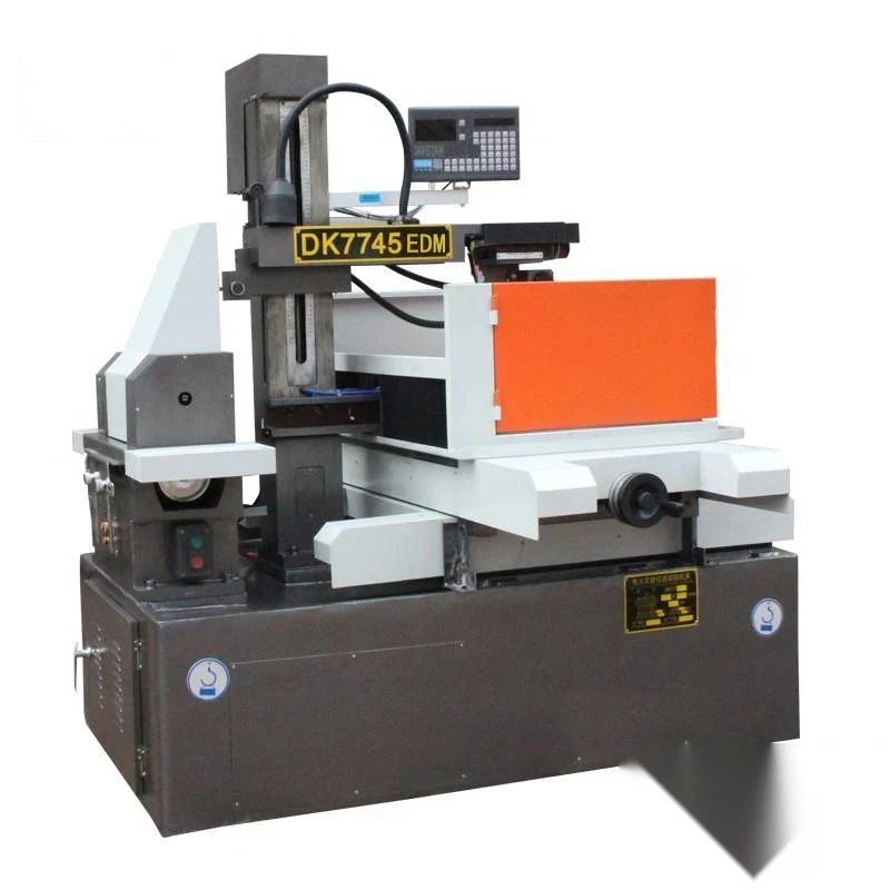 DK7745 CNC wire cut EDM machine with enclosed working tank wire running system and mounted CNC control unit