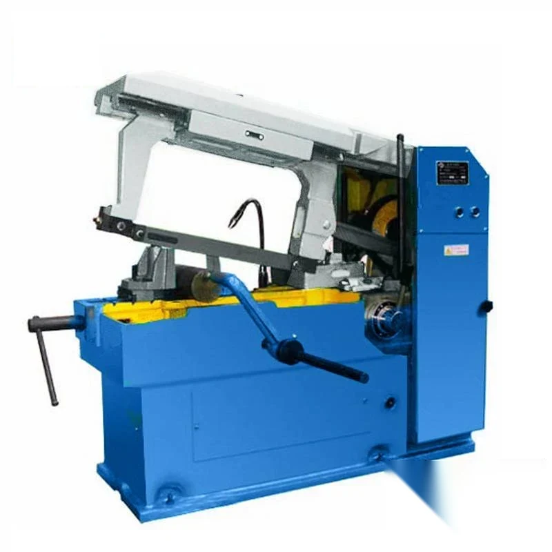 G7025B automatic power hacksaw machine with horizontal bow saw frame clamping vice and enclosed base housing the electrical components