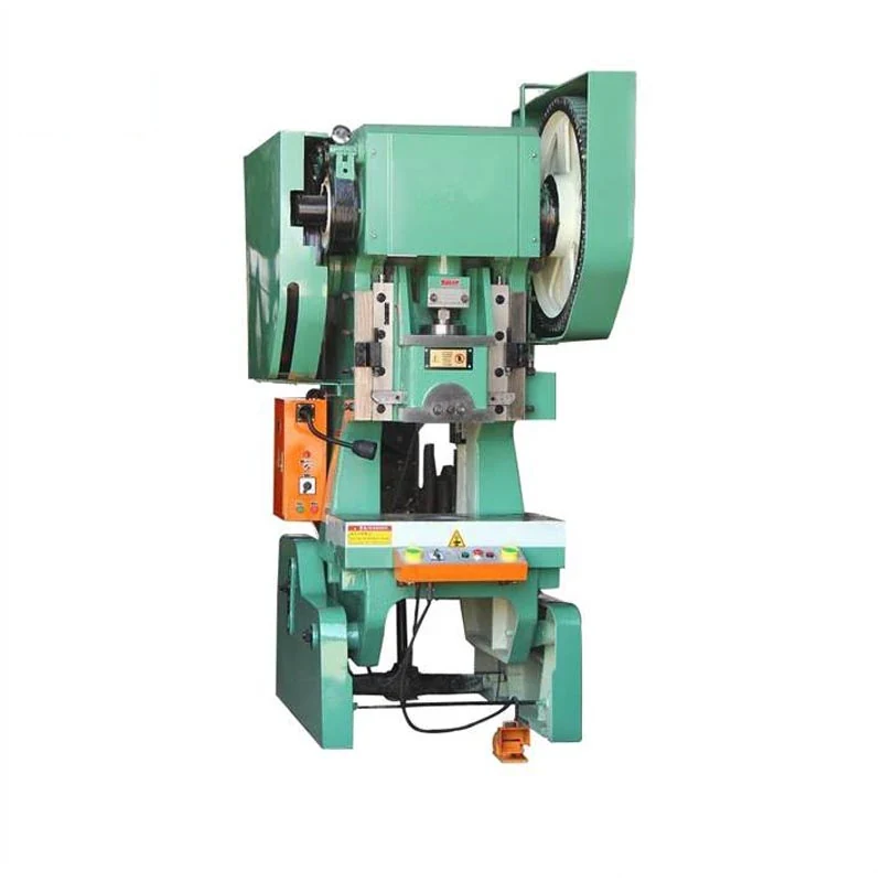J21 series open type C frame punching press with welded steel body slide and ram above the bolster table and control panel at operator height
