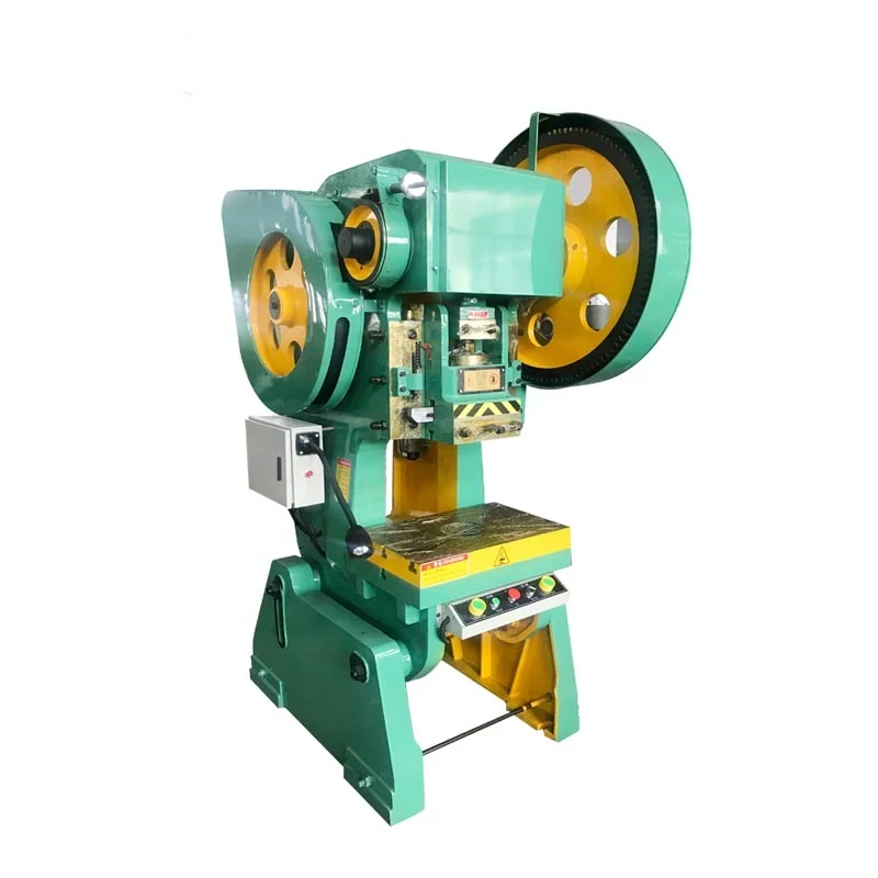 J23-25 open eccentric power press with cast C frame flywheel and motor at the rear slide and ram above the bolster and two-button control panel