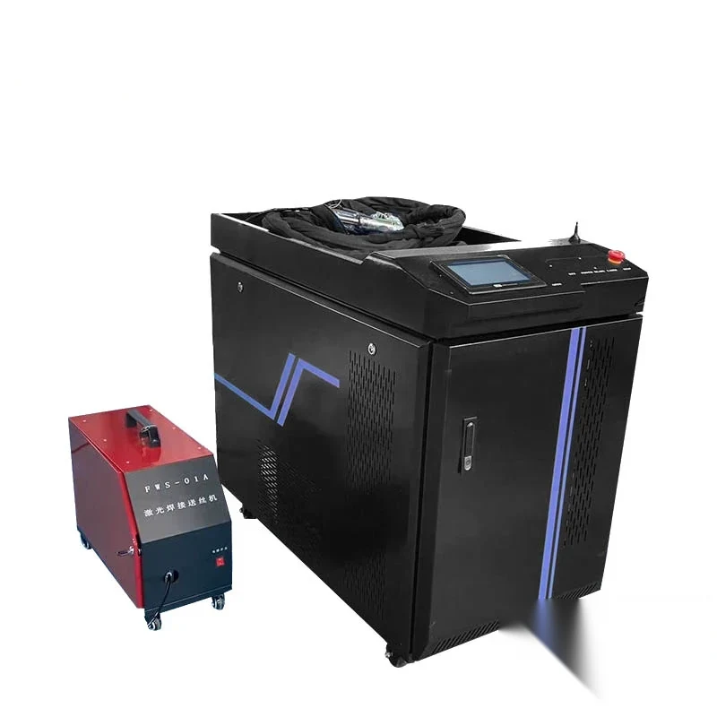 Hand-held fiber laser cleaning machine with cabinet control panel and laser cleaning gun on a coiled fiber cable