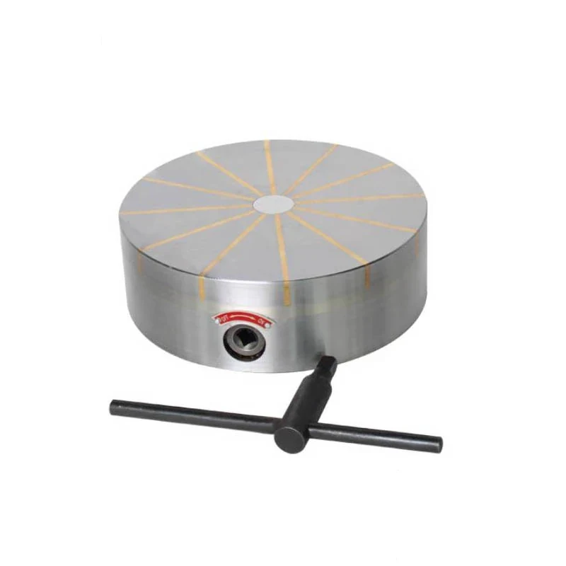 Round permanent magnetic lathe chuck with segmented pole working face and side clamping lever