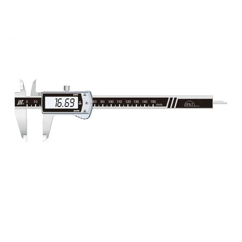 Digital vernier caliper with large LCD display slider jaws and depth blade shown beside a micrometer