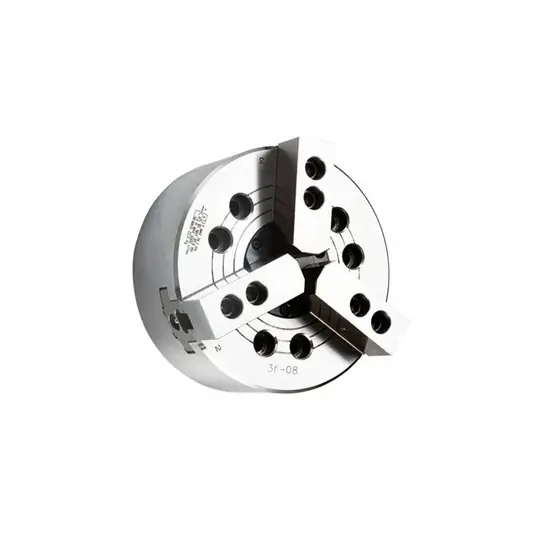 3K three-jaw hollow power chuck showing the chuck body three hardened jaws and central through bore