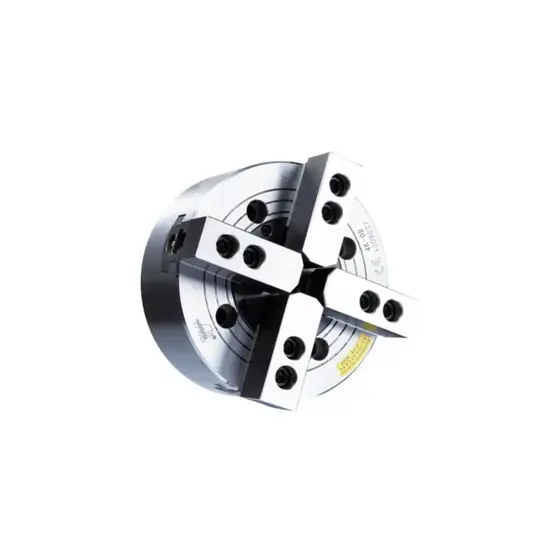 4K four-jaw hollow power chuck showing the chuck body four jaws and central through bore