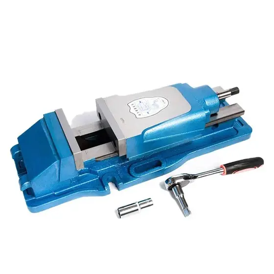 6 inch CNC hydraulic machine vise with hardened jaws hydraulic clamping body and handle on a machine table base
