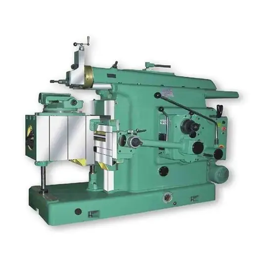 B6050 metal shaper machine with the ram and tool post above a rectangular worktable mounted on a cast column and base