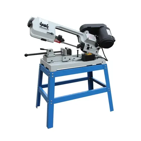BS-115 mini metal cutting band saw with small swivelling bow band wheel covers clamping vice and single phase motor on a compact base