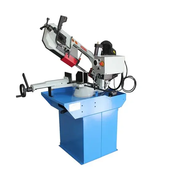 S-280G pipe cutting band saw with rotating saw bow calibrated jaw dovetail clamp hydraulic descent cylinder and block feeder on a cabinet base