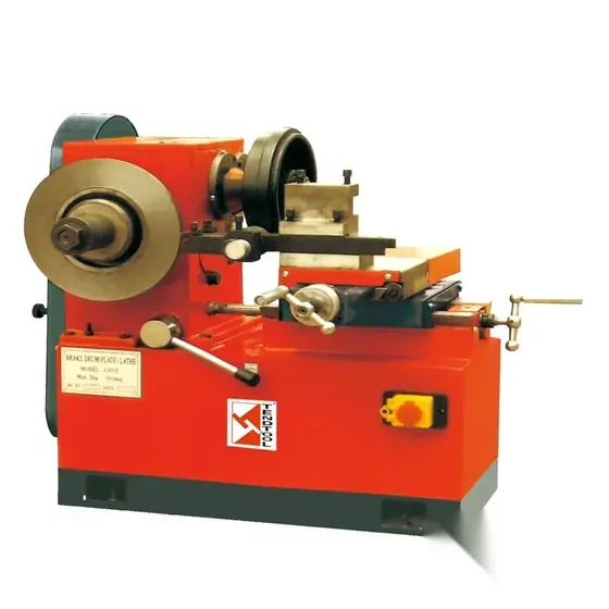 C9335B brake drum and disc lathe with horizontal arbor spindle tool slide and control panel on a cast base