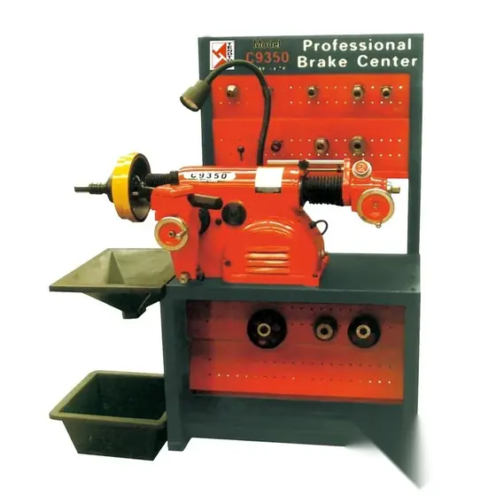 C9350 brake disc lathe with twin cutter tool head change adapter mounted rotor and top storage tray