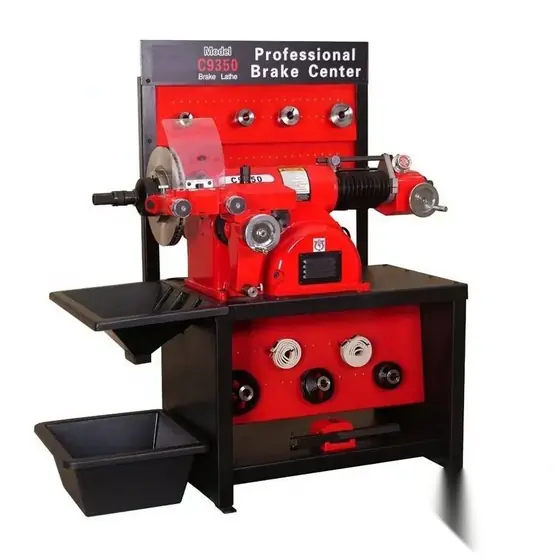 C9370 brake drum and disc cutting lathe with horizontal spindle hub adaptor clamps and cutting tool cross slide