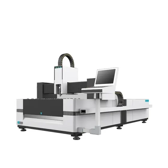 CNC fiber laser cutting machine with enclosed gantry frame cutting head over the slat table and CNC control station