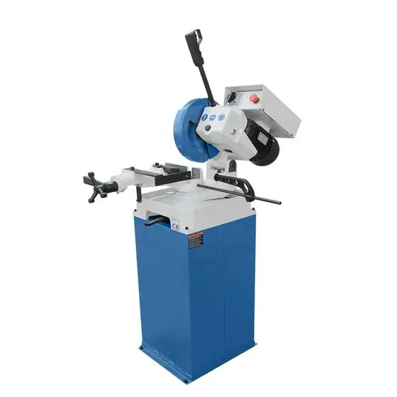 CS-275 electric circular sawing machine with blade hood swivelling head double material clamp coolant tray and control handle on a base cabinet