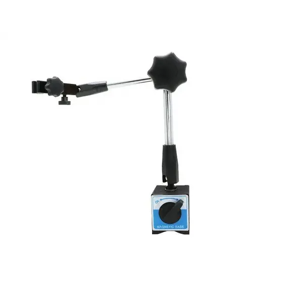 Flexible magnetic base stand with rectangular switchable magnet base upright column and articulated three joint arm with indicator clamp