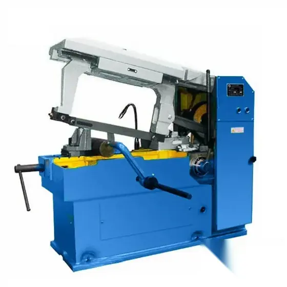G7025B automatic power hacksaw machine with horizontal bow saw frame clamping vice and enclosed base housing the electrical components