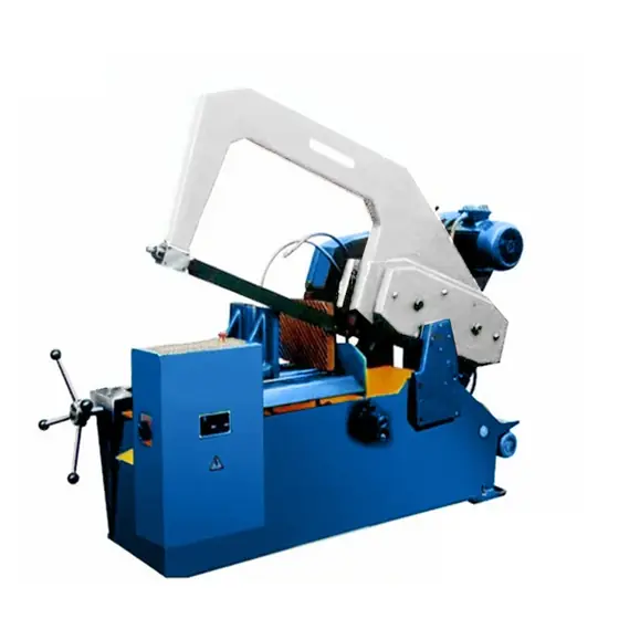 GL7132 hydraulic hack sawing machine with heavy bow frame material clamping vice and hydraulic feed unit on a cast base