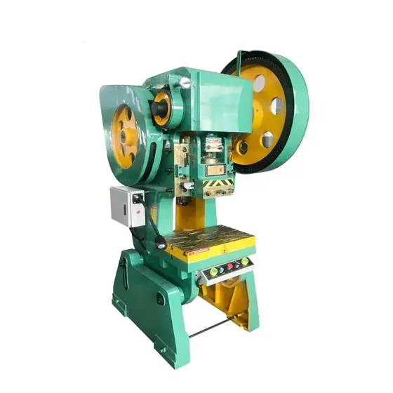 J23-25 open eccentric power press with cast C frame flywheel and motor at the rear slide and ram above the bolster and two-button control panel