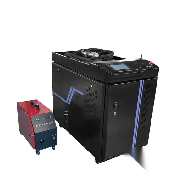 Hand-held fiber laser cleaning machine with cabinet control panel and laser cleaning gun on a coiled fiber cable