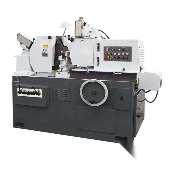 M1050 centerless grinding machine with grinding wheel housing regulating wheel head work blade area and control panel on a cast base