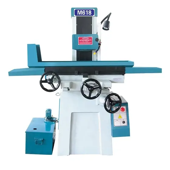 M618 manual surface grinding machine with cast iron body grinding wheel head magnetic chuck on a steel worktable and hand wheels on two axes
