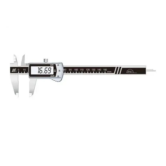 Digital vernier caliper with large LCD display slider jaws and depth blade shown beside a micrometer