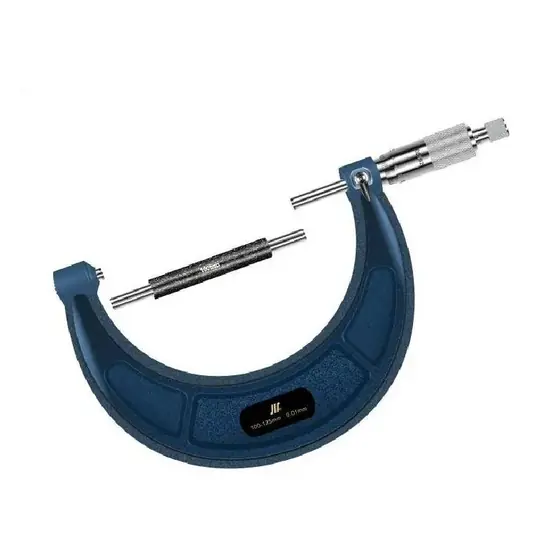Outside micrometer with painted C-frame laser marked barrel scale thimble and carbide measuring faces