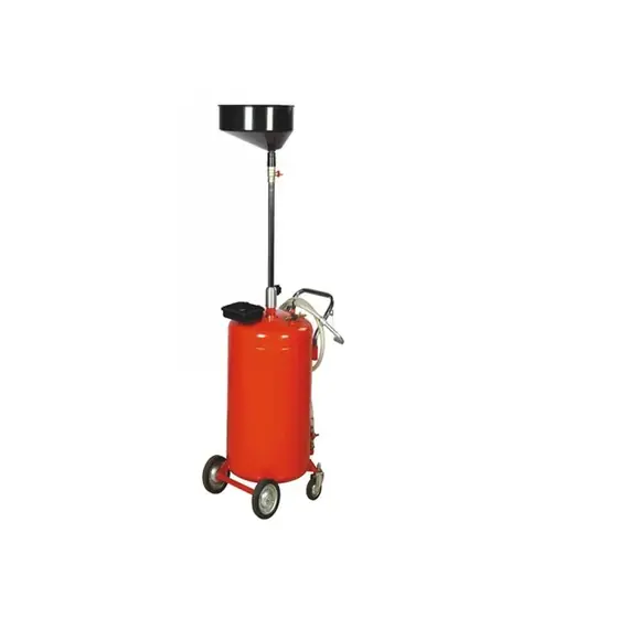 Mobile waste oil drainer with large receiver funnel on an extending column mounted on a wheeled tank