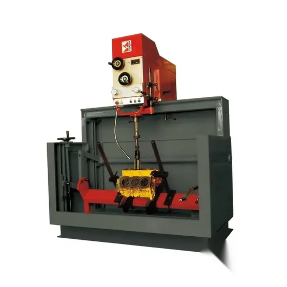 THM170 vertical air-floating cylinder honing machine with honing head on overhead arm control panel and adjustable block supporting base