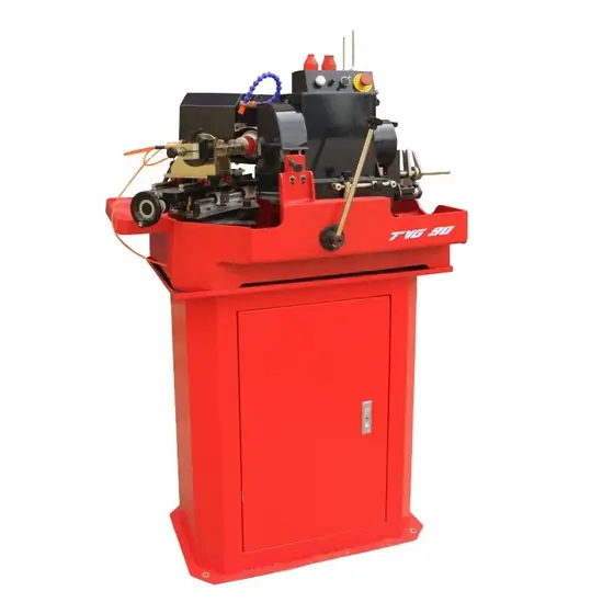 TVG90 horizontal valve grinding machine with valve chuck head grinding wheel guard and coolant tray on a cabinet base