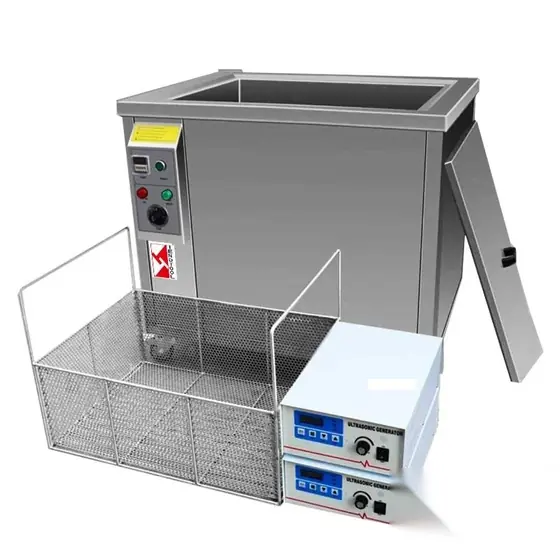 UCM1500 overflow ultrasonic cleaning machine with large stainless tank lid drainage basket and digital timer and heating control panel