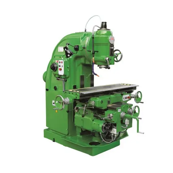 X5032 and X5040 knee type vertical milling machines side by side showing the vertical spindle head column knee and worktable with feed handwheels