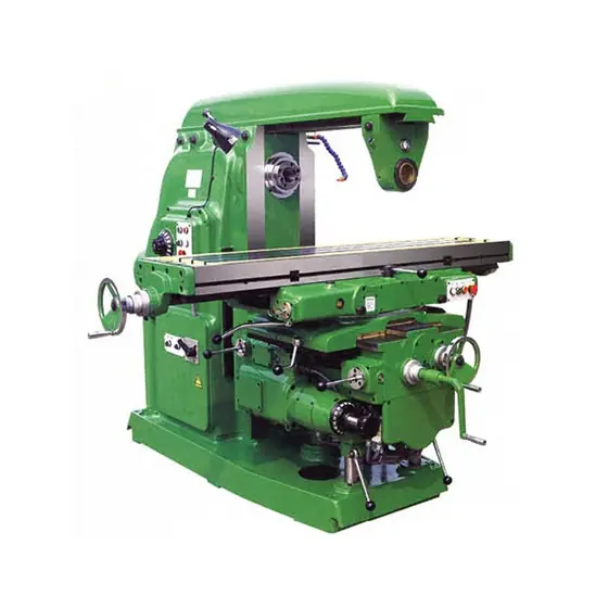 X6140 universal knee type milling machine with horizontal arbor overarm swivelling worktable knee and feed control handwheels on the front of the machine