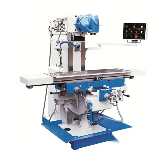 X6432A universal swivel head milling machine with two-part rotary milling head mounted on the column above a knee-type worktable with feed handwheels