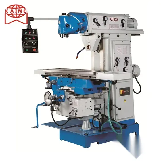 X6436 universal drilling and milling machine with ram-mounted swivel milling head long worktable T slots and feed controls on the knee