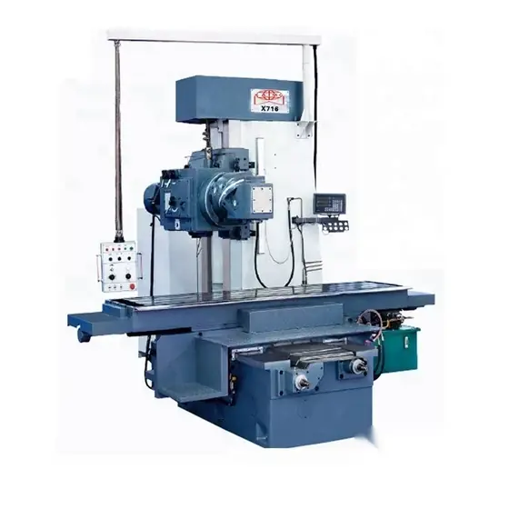 X716 bed type universal milling machine with swivel cutter head on the column a long worktable with step guard and control panel at the front