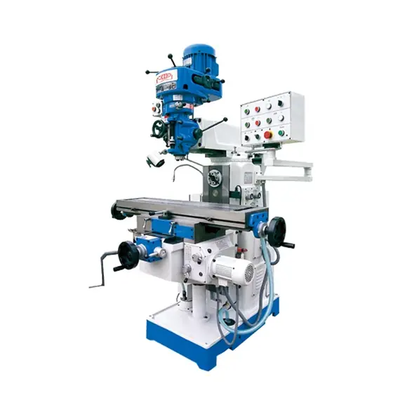 XZ6326B universal milling machine with swivelling milling head on a ram over a rectangular T-slotted worktable and knee column with feed handwheels