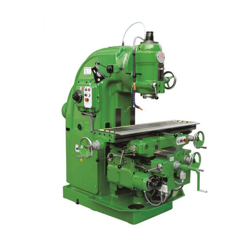 X5032 and X5040 knee type vertical milling machines side by side showing the vertical spindle head column knee and worktable with feed handwheels