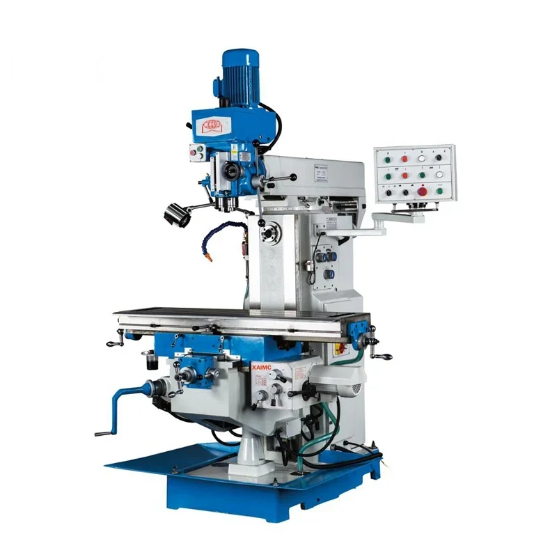 X6332Z universal drilling and milling machine with rotatable milling head on an extending rocker arm cast iron column and worktable with feed handles