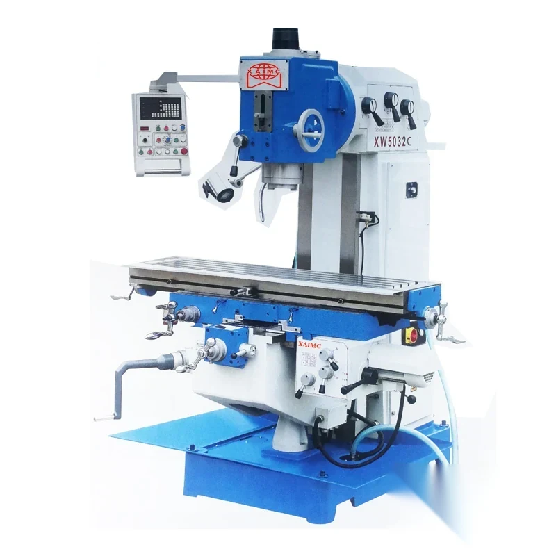 XW5032C universal vertical milling machine with vertical head on the column knee-mounted worktable with T slots and feed handwheels at the front