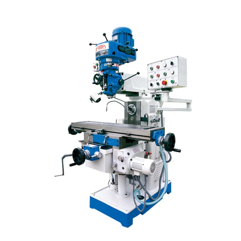 XZ6326B universal milling machine with swivelling milling head on a ram over a rectangular T-slotted worktable and knee column with feed handwheels