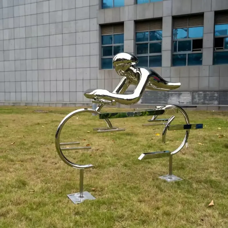 Modern Outdoor Garden Forest Decorative Metal Abstract Cyclist Stainless Form view 5