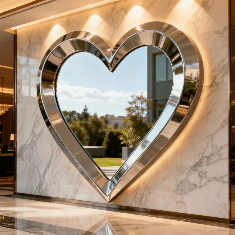 Modern Stainless Steel Metal Indoor and Outdoor Heart-Shaped Mirror view 4