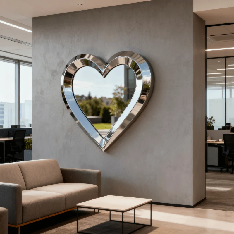 Modern Stainless Steel Metal Indoor and Outdoor Heart-Shaped Mirror produced by Xinhengda Sculpture in Shenzhen