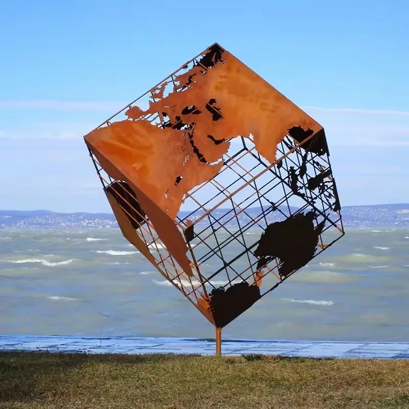 Huge Cube Corten Steel Sculpture view 2
