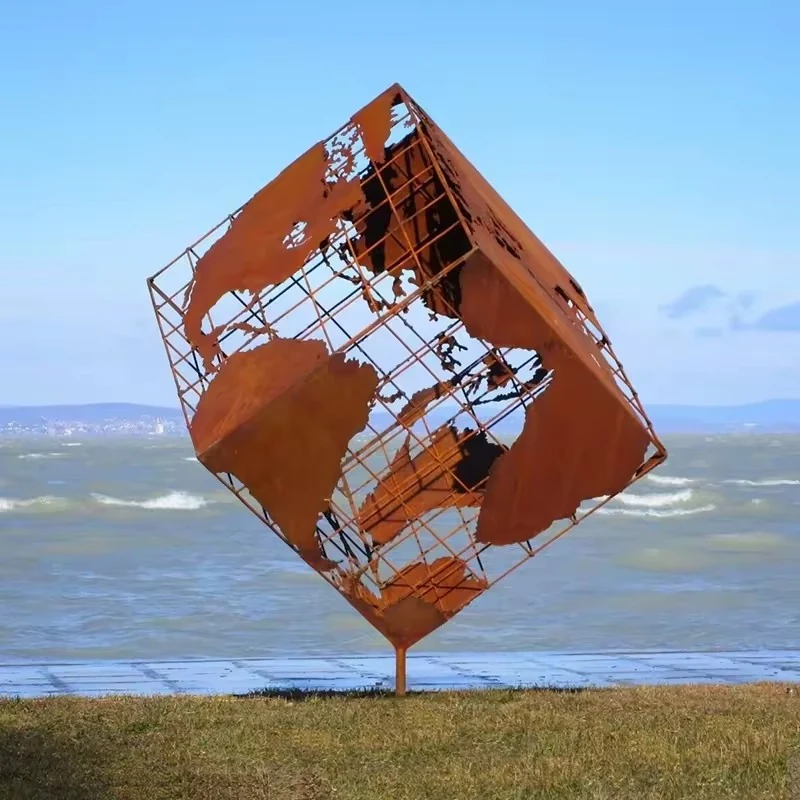 Huge Cube Corten Steel Sculpture view 4