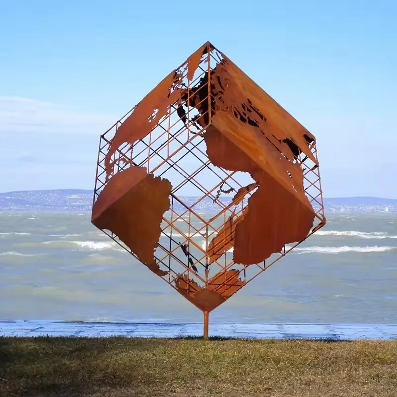 Huge Cube Corten Steel Sculpture view 3